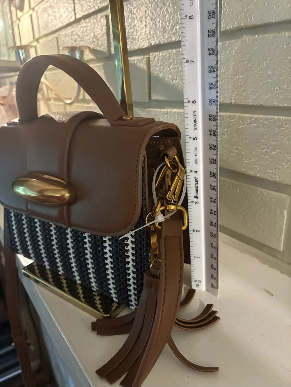 Steve Madden Brown and Navy Woven Style Top-Handle Satchel Crossbody with Tassel - Picture 16 of 16
